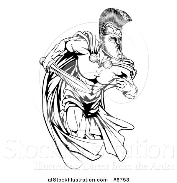 Vector Illustration of a Black and White Strong Spartan Trojan Warrior Mascot Running with a Sword