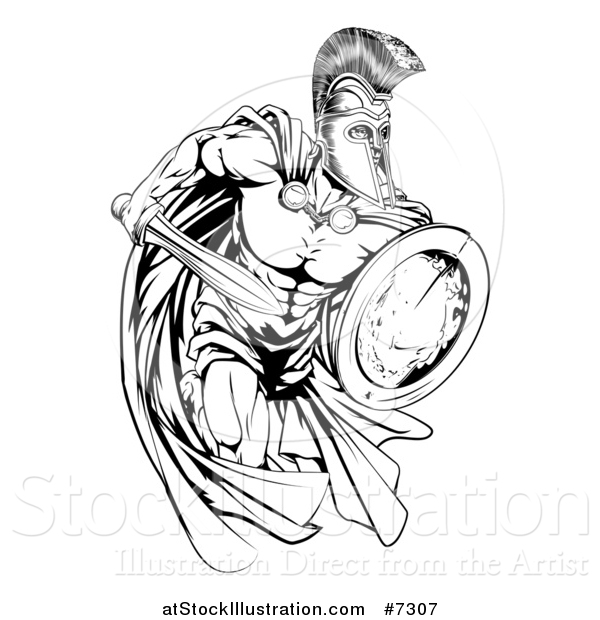 Vector Illustration of a Black and White Strong Spartan Trojan Warrior Mascot Sprinting with a Sword and Shield