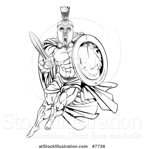 Vector Illustration of a Black and White Strong Spartan Trojan Warrior Mascot with a Cape, Running with a Sword and Shield