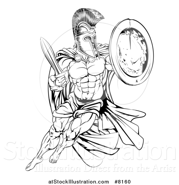 Vector Illustration of a Black and White Strong Spartan Trojan Warrior Mascot with a Cape, Running with a Sword and Shield