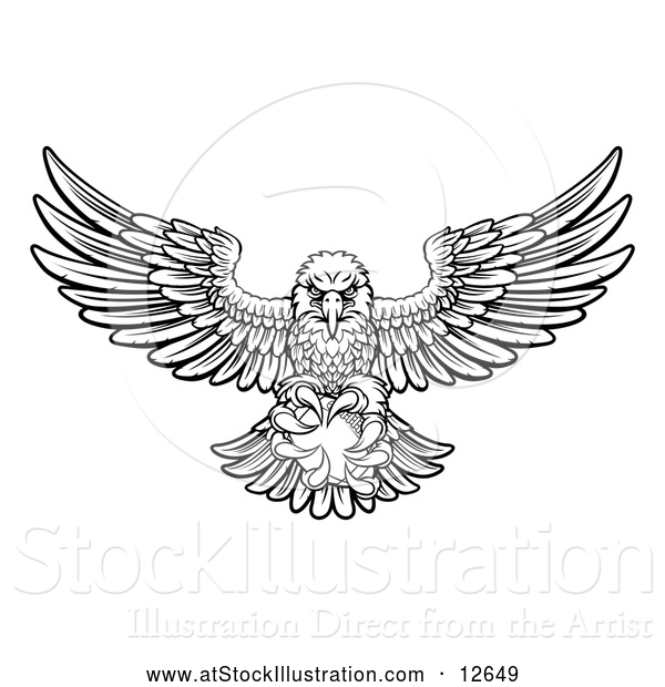 Vector Illustration of a Black and White Swooping American Bald Eagle with a Football in His Talons