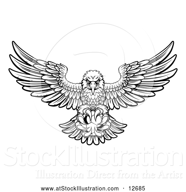 Vector Illustration of a Black and White Swooping American Bald Eagle with a Soccer Ball in His Talons