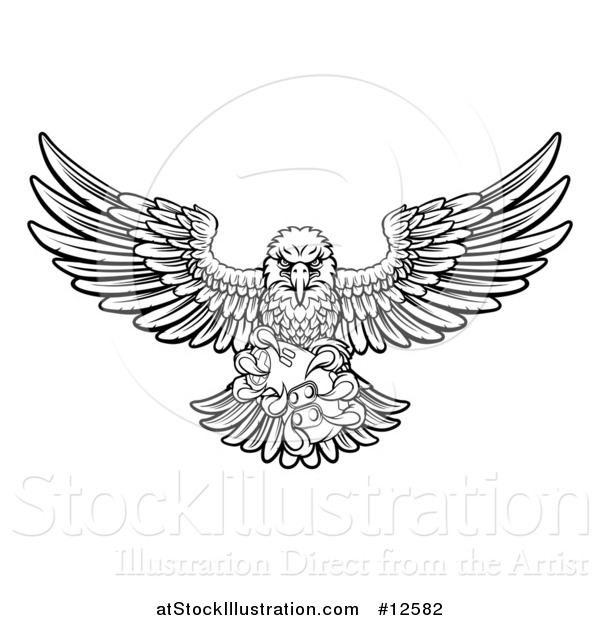Vector Illustration of a Black and White Swooping American Bald Eagle with a Video Game Controller in Its Claws