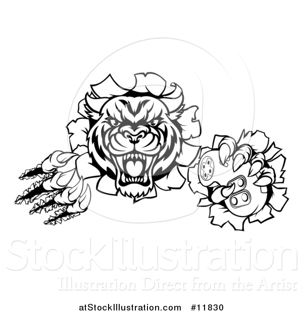 Vector Illustration of a Black and White Tiger Mascot Shredding Through a Wall and Holding a Video Game Controller