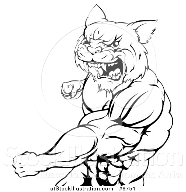 Vector Illustration of a Black and White Tough Angry Muscular Wildcat Man Punching and Roaring