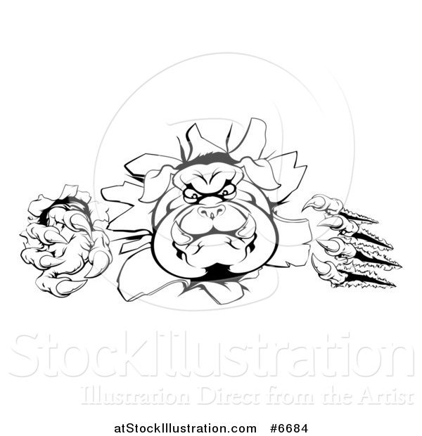 Vector Illustration of a Black and White Tough Bulldog Monster Clawing Through a Wall