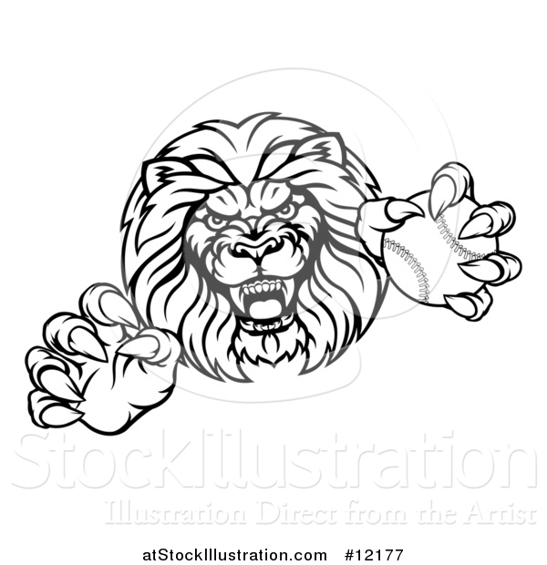 Vector Illustration of a Black and White Tough Clawed Male Lion Monster Mascot Holding a Baseball Ball