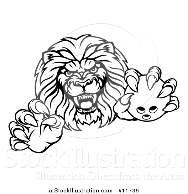 Vector Illustration of a Black and White Tough Clawed Male Lion Monster Mascot Holding a Bowling Ball