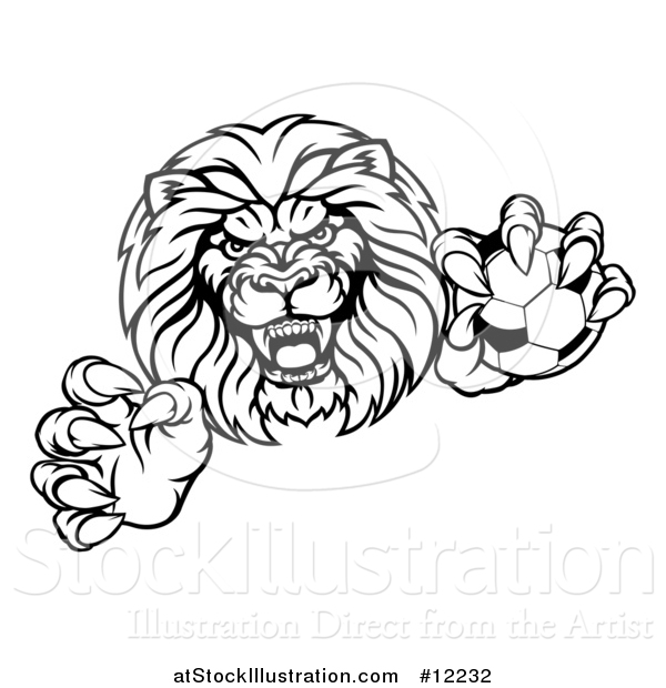 Vector Illustration of a Black and White Tough Clawed Male Lion Monster Mascot Holding a Soccer Ball