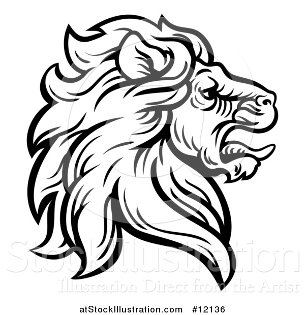 Vector Illustration of a Black and White Tough Male Lion Head Mascot in Profile