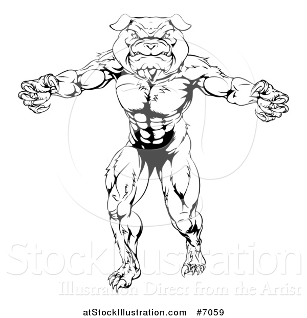 Vector Illustration of a Black and White Tough Muscular Bulldog Man Mascot Standing Upright