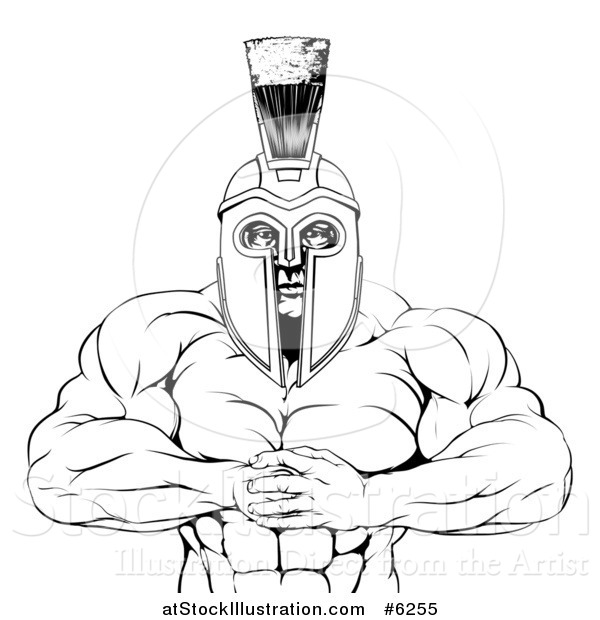 Vector Illustration of a Black and White Tough Muscular Spartan Warrior Man Gesturing Bring It with His Fists