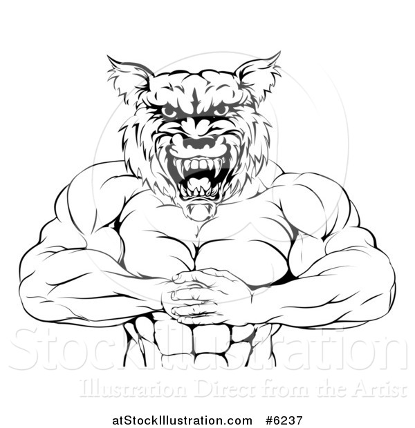 Vector Illustration of a Black and White Tough Muscular Wolf Man Punching His Fist into His Hand