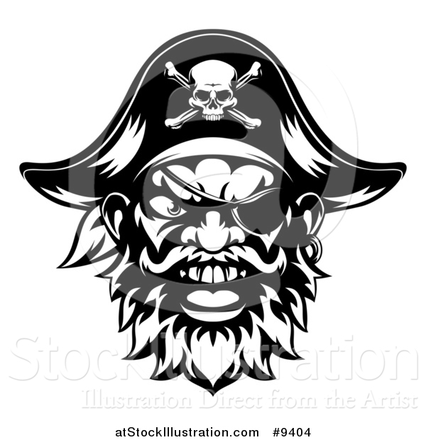Vector Illustration of a Black and White Tough Pirate Mascot Face with an Eye Patch and Captain Hat