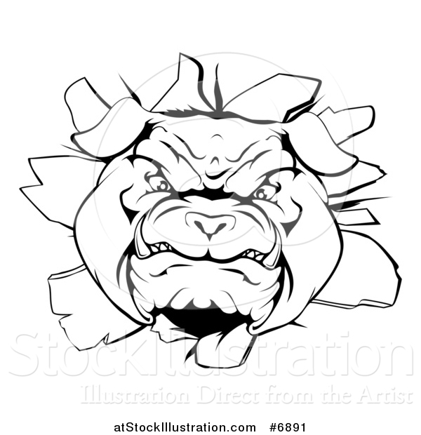 Vector Illustration of a Black and White Vicious Bulldog Breaking Through a Wall