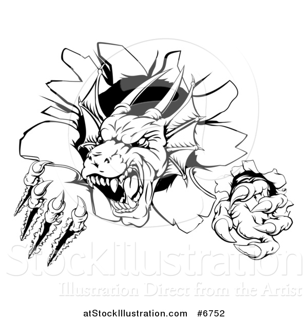 Vector Illustration of a Black and White Vicious Dragon Mascot Head Shredding Through a Wall