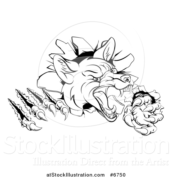 Vector Illustration of a Black and White Vicious Fox Monster Shredding Through a Wall