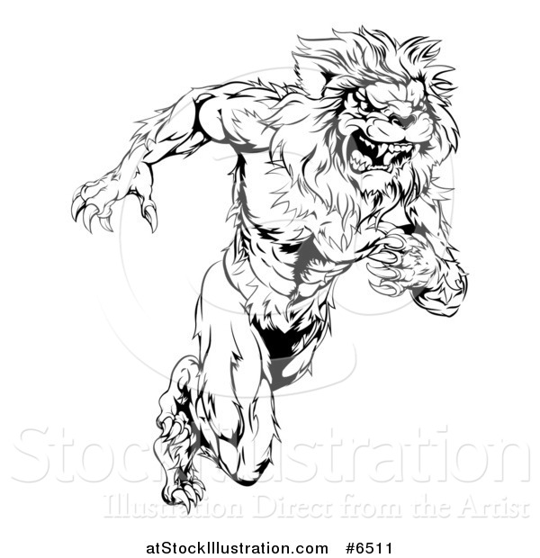 Vector Illustration of a Black and White Vicious Muscular Sprinting Lion Man Mascot