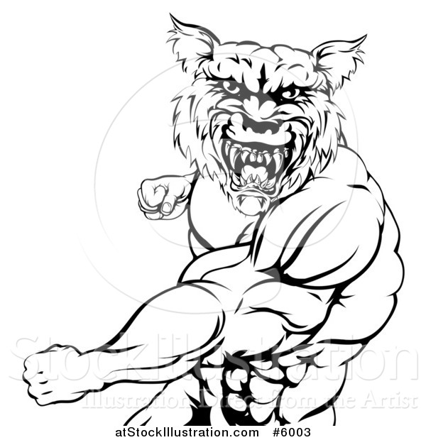 Vector Illustration of a Black and White Vicious Muscular Wolf Man Punching