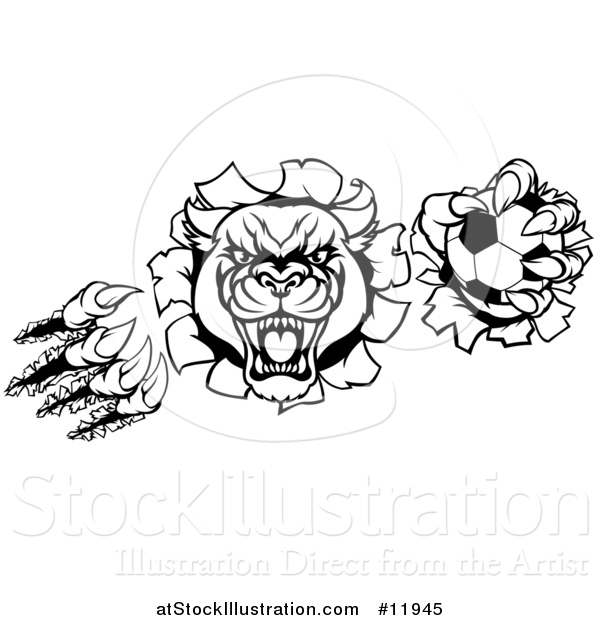 Vector Illustration of a Black and White Vicious Roaring Panther Monster Mascot Shredding Through a Wall with a Soccer Ball