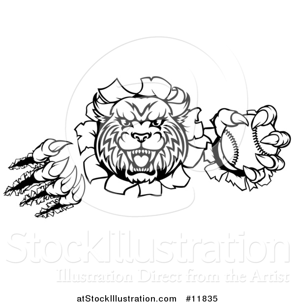 Vector Illustration of a Black and White Vicious Wildcat Mascot Shredding Through a Wall with a Baseball