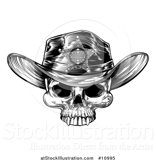 Vector Illustration of a Black and White Vintage Engraved Cowboy Skull Wearing a Sheriff Hat