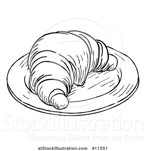 Vector Illustration of a Black and White Vintage Engraved Croissant on a Plate