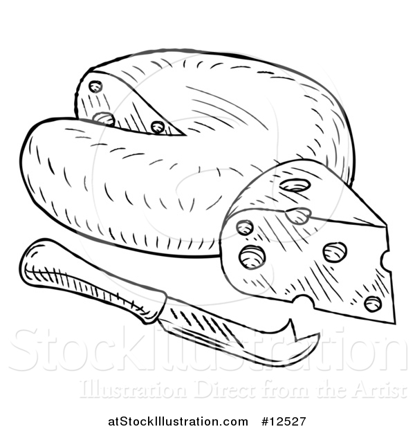 Vector Illustration of a Black and White Vintage Engraved Knife and Cheese Wedge