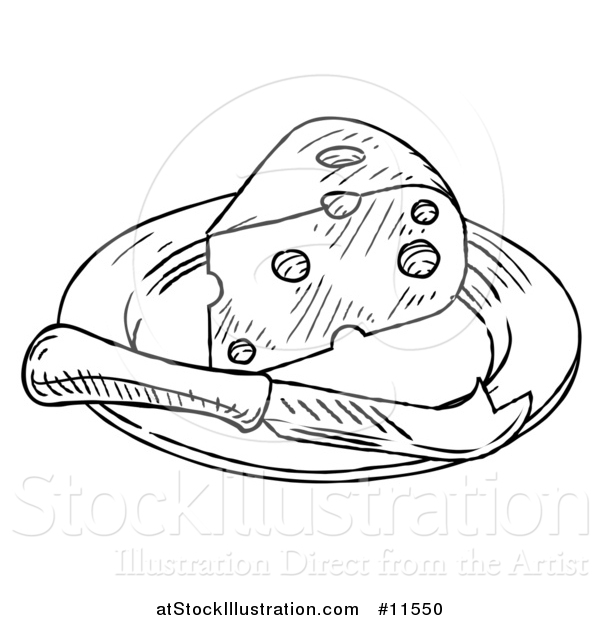 Vector Illustration of a Black and White Vintage Engraved Knife and Cheese Wedge on a Plate