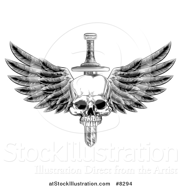 Vector Illustration of a Black and White Vintage Engraved or Woodcut Dagger Through a Winged Skull