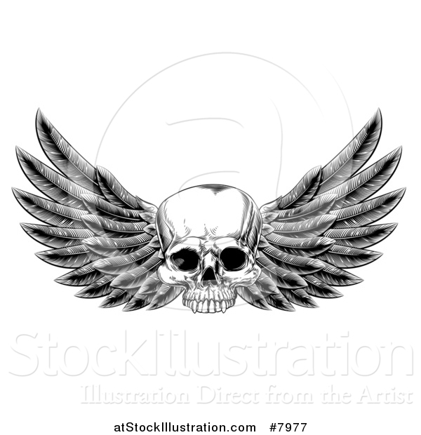 Vector Illustration of a Black and White Vintage Engraved or Woodcut Winged Human Skull