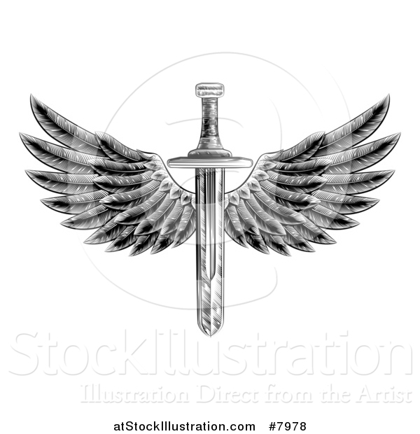 Vector Illustration of a Black and White Vintage Engraved or Woodcut Winged Sword