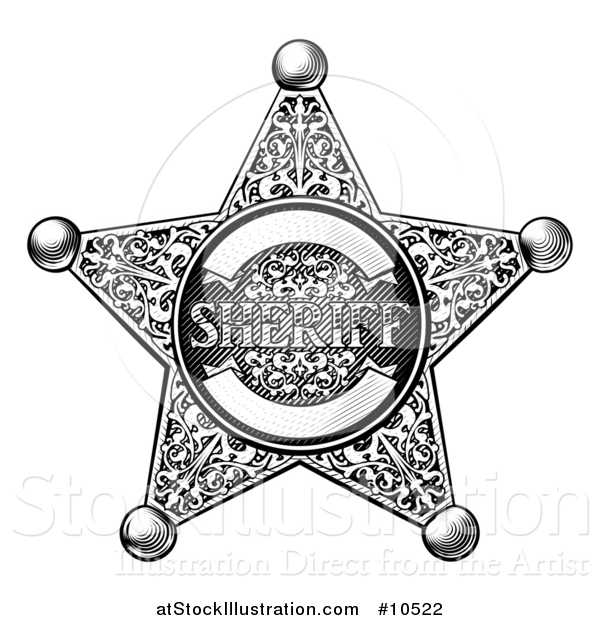Vector Illustration of a Black and White Vintage Etched Engraved Sheriff Star Badge