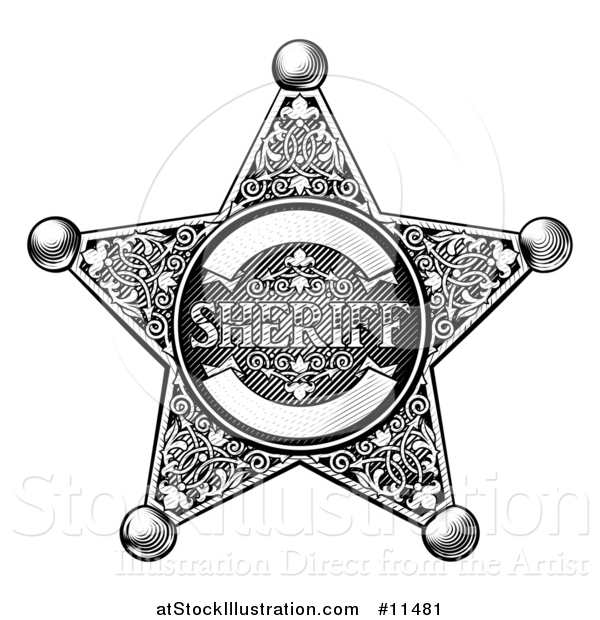 Vector Illustration of a Black and White Vintage Etched Engraved Sheriff Star Badge