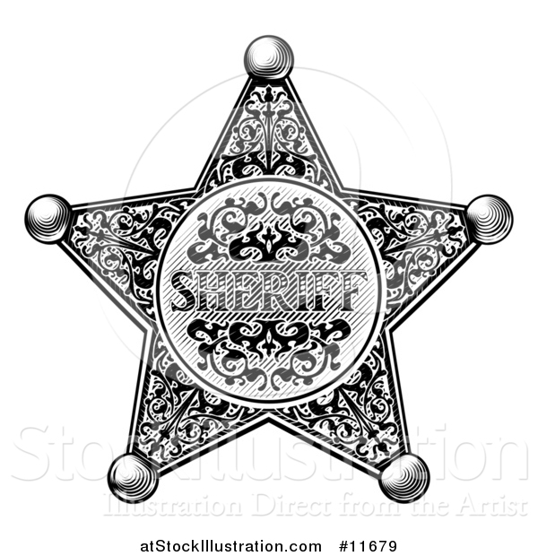 Vector Illustration of a Black and White Vintage Etched Engraved Sheriff Star Badge