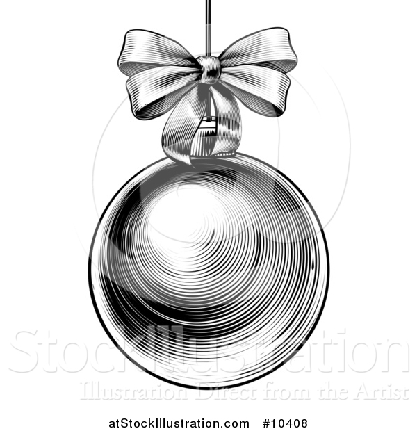 Vector Illustration of a Black and White Vintage Woodcut or Engraved Suspended Christmas Bauble Ornament with a Bow