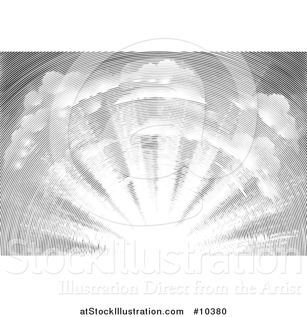 Vector Illustration of a Black and White Vintage Woodcut Sky with Sun Rays