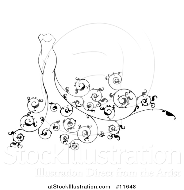 Vector Illustration of a Black and White Wedding Gown with Swirls