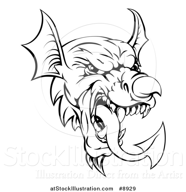 Vector Illustration of a Black and White Welsh Dragon Mascot Head