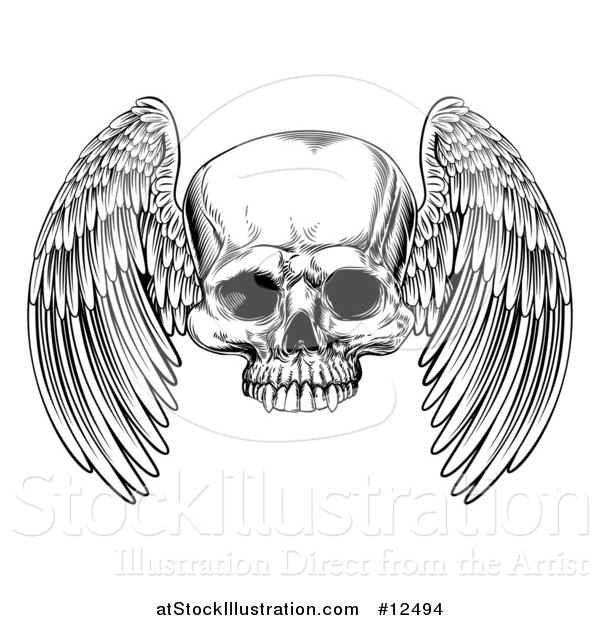 Vector Illustration of a Black and White Winged Human Skull