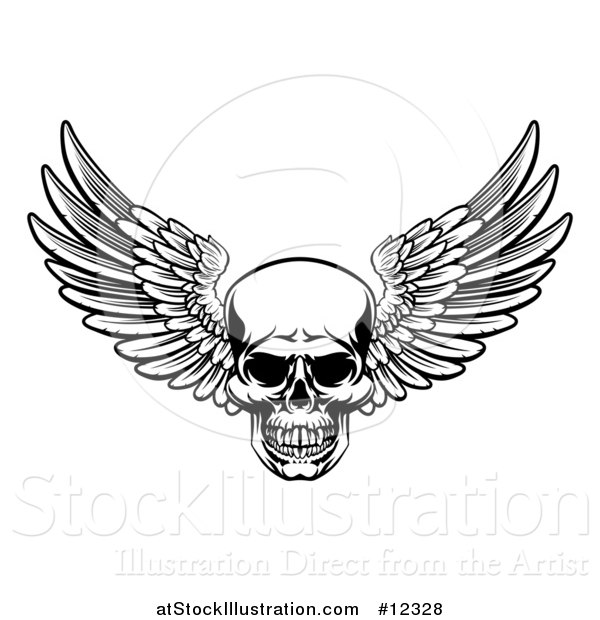 Vector Illustration of a Black and White Winged Skull