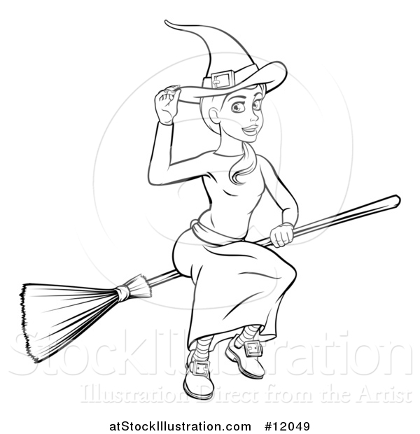 Vector Illustration of a Black and White Witch Tipping Her Hat and Flying on a Broomstick
