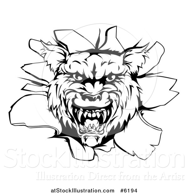 Vector Illustration of a Black and White Wolf Head Breaking Through a Wall