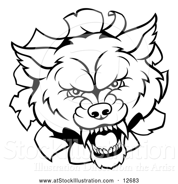 Vector Illustration of a Black and White Wolf Mascot Head Breaking Through a Wall