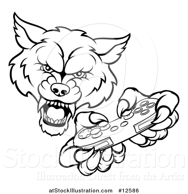 Vector Illustration of a Black and White Wolf Mascot Holding a Video Game Controller