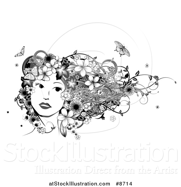 Vector Illustration of a Black and White Womans Face with Butterflies, Flowers and Vines in Her Hair