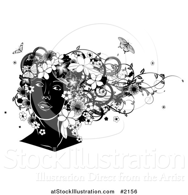Vector Illustration of a Black and White Woman's Face, with Flowers and Butterflies