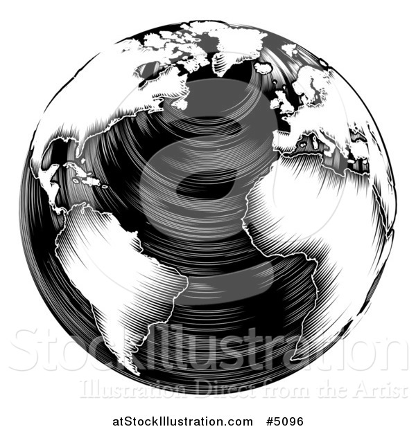 Vector Illustration of a Black and White Woodblock Earth