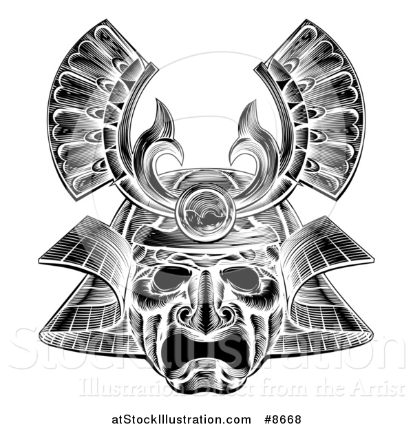 Vector Illustration of a Black and White Woodblock or Engraved Samurai Mask