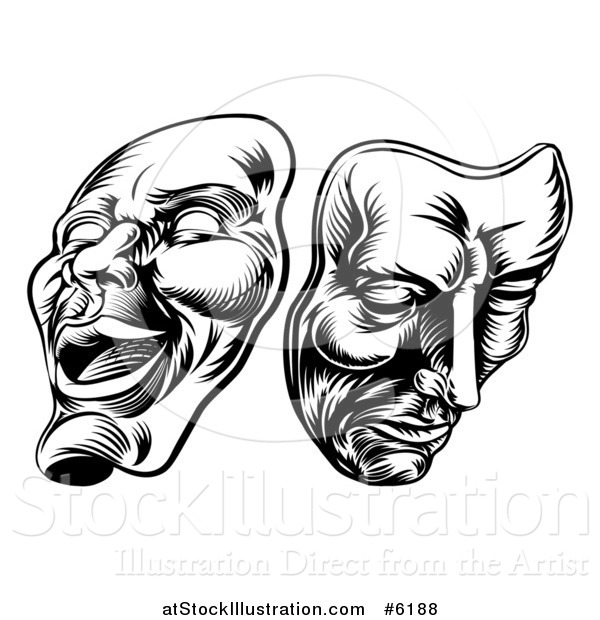 Vector Illustration of a Black and White Woodcut Comedy and Tragedy Theater Masks